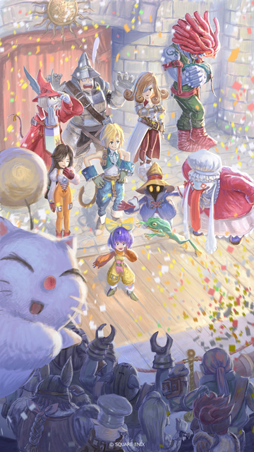 Illustration by Yuya Ishihata depicting all the main characters from the game on a stage, in the middle of a celebration, with confetti falling everywhere and an audience right in front of them.