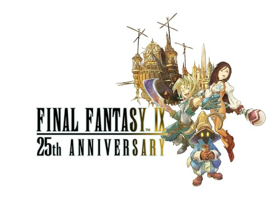 Illustration by Toshiyuki Itahana showing Garnet and Zidane with the Final Fantasy IX 25th anniversary logo.