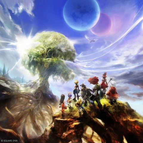 Illustration by Toshiyuki Itahana depicting all main characters from the game, standing on a hilltop with their backs turned towards the viewer, looking forward towards a tree with a beautiful blue sky right above them.