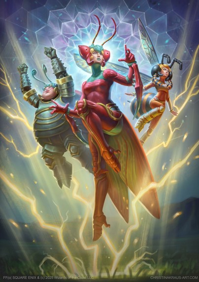 Three insect inspired humanoid characters are floating in the air in an epic battle attack.