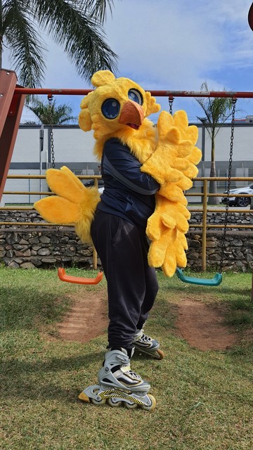 yellow bird costume with rollers posing