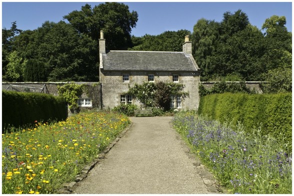 A charming stone cottage with a slate roof surrounded by lush greenery and colorful flowerbeds. A gravel path leads up to the house, flanked by vibrant wildflowers on either side.