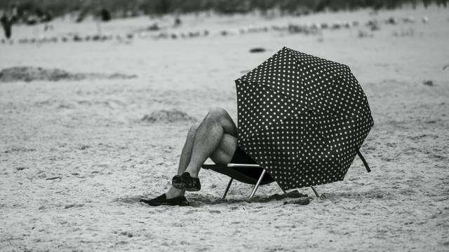 Żółwiej leżący na leżaku zasłaniający się parasolem od wiatru i słońca