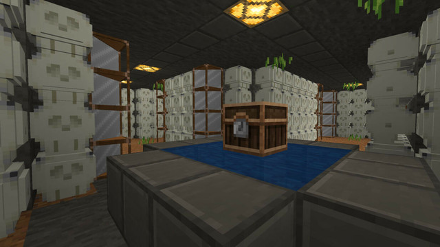 Several walkways with many skulls at the walls. A wooden chest rests in the center of a large stone bowl.