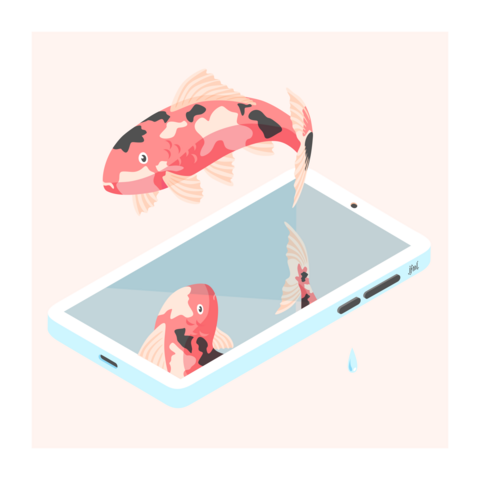 Vector drawing of a white smartphone in isometric perspective. There is a red koi carp swimming above it in the air and a very similar one inside the smartphone, almost mirroring the one above but not quite.