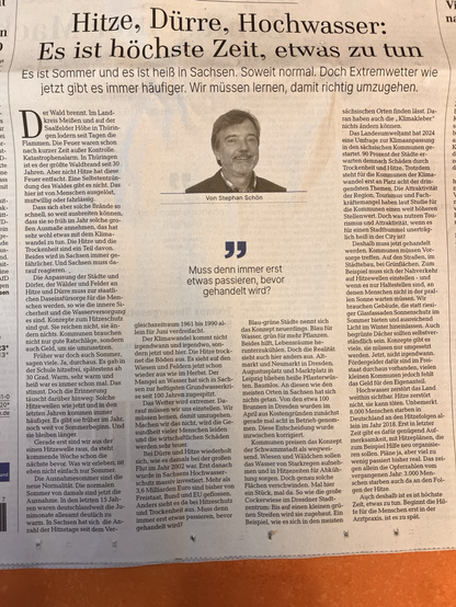 Das Foto zeigt den Leitartikel der Wochenendausgabe der LVZ vom 05.07.2025 mit der Überschrift „Hitze, Dürre, Hochwasser: Es ist höchste Zeit, etwas zu tun“