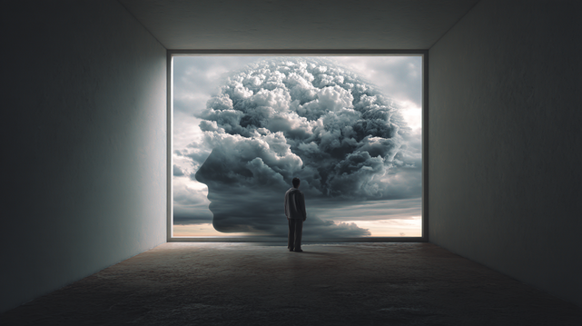 Tempête Cognitive.
Silhouette contemplant un nuage en forme de tête humaine dans un cadre ouvert, symbole d’une pensée en fusion.
Silhouette gazing at a cloud shaped like a human head in an open frame, symbolizing a mind in turmoil.