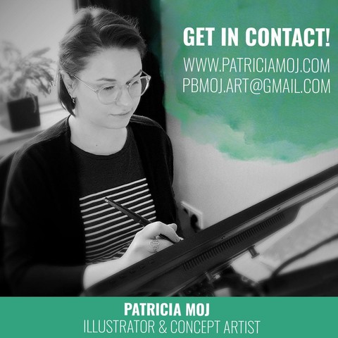 black and white photo of myself working on a pen display, the text "get in contact! www.patriciamoj.com pbmojart@gmail.com" written on the picture