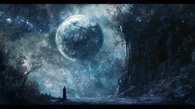 Univisium.
Silhouette solitaire contemplant une planète suspendue dans un ciel étoilé, entourée d’une forêt mystique et d’éclats cosmiques.
Lone figure gazing at a suspended planet in a star-filled sky, surrounded by a mystical forest and cosmic sparkles.