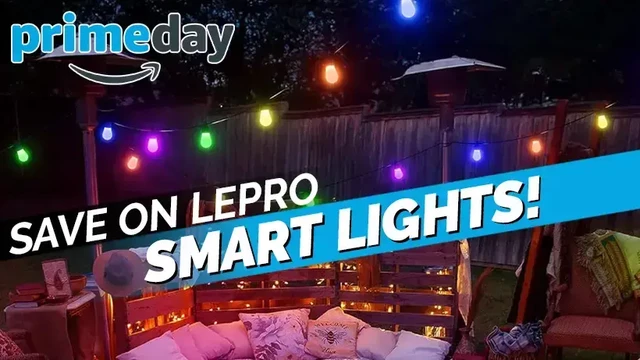 Image showing some outdoor smart lights over a deck. The Amazon Prime Day logo is in the upper left, and the words "Save on Lepro Smart Lights!" are angled across the middle of the image.