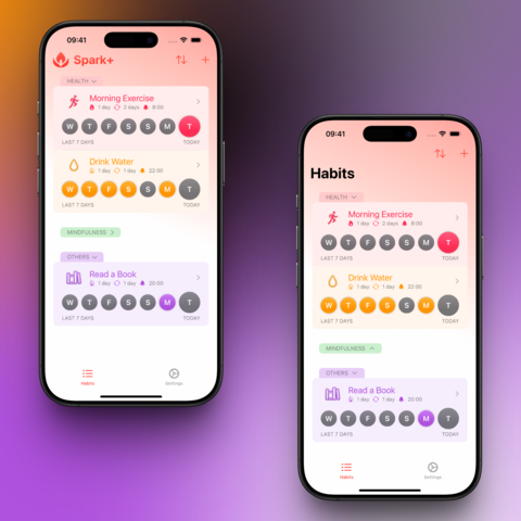 Two iPhones display the Spark habit tracker app with a soft gradient background. The app interface is shown in two states:
- Left Phone: The navigation title at the top reads “Spark+” with a flame icon, and the “Mindfulness” group card is folded. The chevron on that card points to the right, indicating the group is collapsed.
- Right Phone: The navigation title at the top simply reads “Habits” in bold text, and the “Mindfulness” group card is folded. The chevron on that card points upward, indicating the group is collapsed.
Both screens display habit cards for “Morning Exercise,” “Drink Water,” and “Read a Book,” with colored day markers and icons. The bottom navigation bar includes tabs for “Habits” and “Settings.” The key differences are the navigation title text and the direction of the chevron on the group card that is being folded or unfolded.
