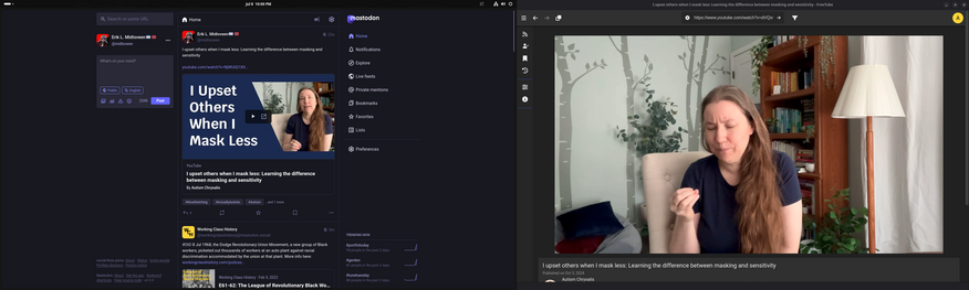 A split screen shows a Mastodon page on the left with a post titled "I Upset Others When I Mask Less," featuring an embedded video. On the right is a paused YouTube video of a person sitting on a beige chair, gesturing with their hand. The background includes plants and a wooden bookshelf. The tone appears thoughtful.