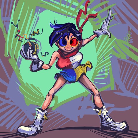 humanoid person wearing a yellow, blue, white and red dress that reveals arms and most of the legs along with white gloves and white boots, stands aggressively while grasping a round grayish object with yellow and bits of red on it and curious protrusions of uncertain purpose, in front of a vague backdrop with large blocks of color and fields of straight lines or i don't know what you call it.  looks sort of like the "mystify your mind" windows 95 screensaver or maybe the "moire" one for macintosh computers