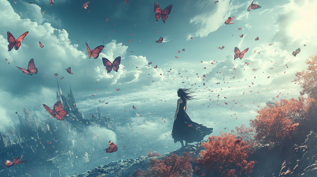 Royaume des Murmures.
Jeune femme face au vent surplombant une ville féerique, entourée de papillons rouges flottant dans un ciel onirique.
Young woman facing the wind above a magical city, surrounded by red butterflies drifting through a dreamlike sky.