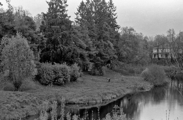 This is a black-and-white landscape photo. Dense trees and shrubs frame the riverbank, and taller trees can be seen in the background. A two-story house is partially visible on the opposite side of the river, through the trees. The water is calm and reflects the surrounding trees and sky. In the middle of the riverbank, a small figure of an artist can be seen painting nature.