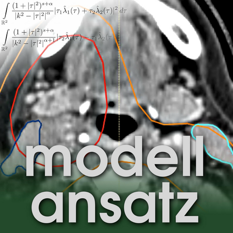Das Folgenbild zur Modellansatz Podcast Folge zeigt eine Durchleuchtung einer Körperregion in Graustufen, in der mit farbigen Linien verschiedene Bereiche markiert sind.