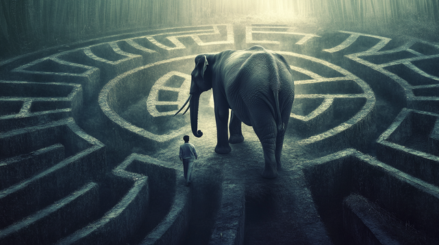 Le Guide Silencieux.
Un homme suit un éléphant majestueux dans un labyrinthe énigmatique, baigné d’une lumière brumeuse et sacrée.
A man follows a majestic elephant into an enigmatic labyrinth, bathed in sacred and misty light.