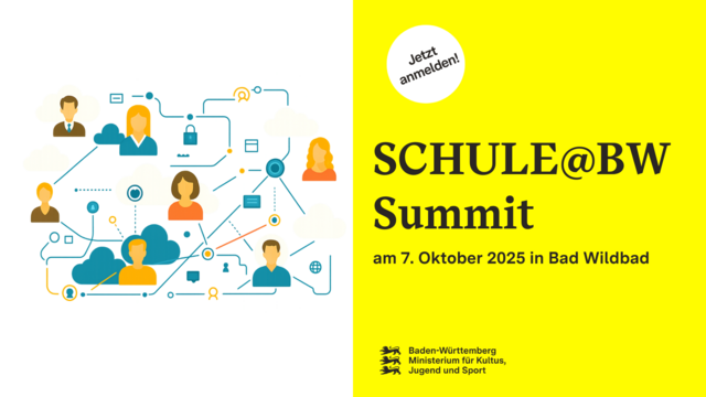 Links: Grafik Verbindungen von Menschen und Geräten, Aufschrift rechts: SCHULE@BW Summit am 7. Oktober 2025 in Bad Wildbad, jetzt anmelden!