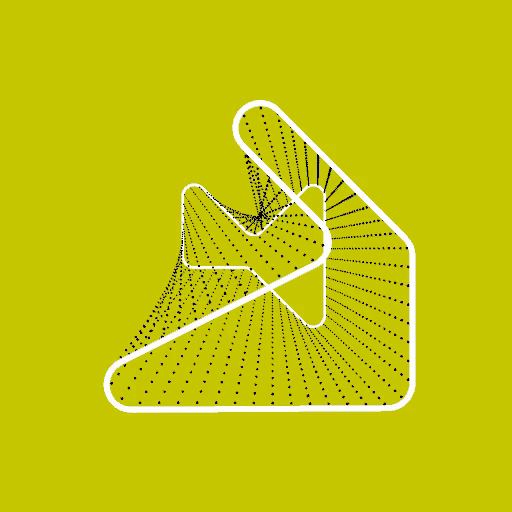 animation showing a rotating generative composition made with 2 random polygons rounded, in white stroke, separated in space, connected by dotted black lines.