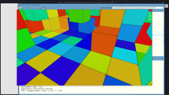 A perspective view of a space with randomly colored cubes.