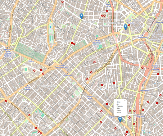A map of São Paulo with 3 markers, one of them has text telling it is Sesc Av. Paulista.