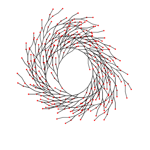 A spiraling L-System with red blossoms at the end of each branch.