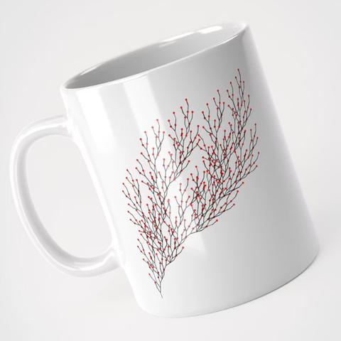 A white mug with an L-System made 'bush" with black strokes and red circles