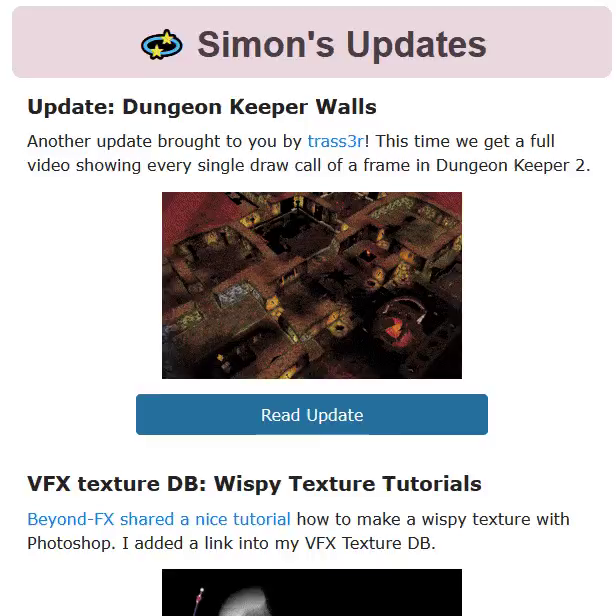 Video how scroll over my newsletter which shows for each post a headline, a short text and a thumbnail of different VFXs and Tech Art.