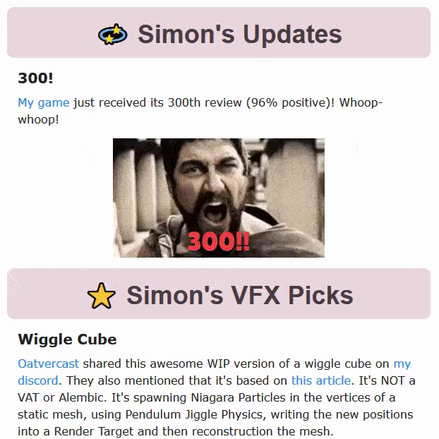 Video how scroll over my newsletter which shows for each post a headline, a short text and a thumbnail of different VFXs and Tech Art.
