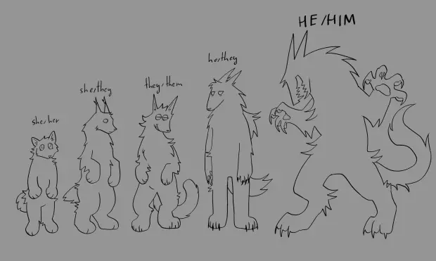 a timeline of asbestos creature slowly becoming bigger and sharper (and with a longer muzzle), stylised like the "BEWARE OF THE PIPELINE" pronouns meme.