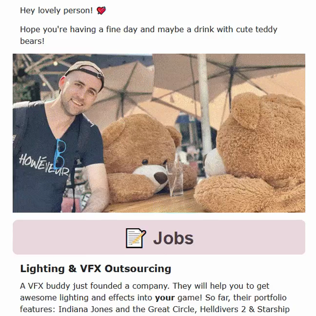 Video how scroll over my newsletter which shows for each post a headline, a short text and a thumbnail of different VFXs and Tech Art.