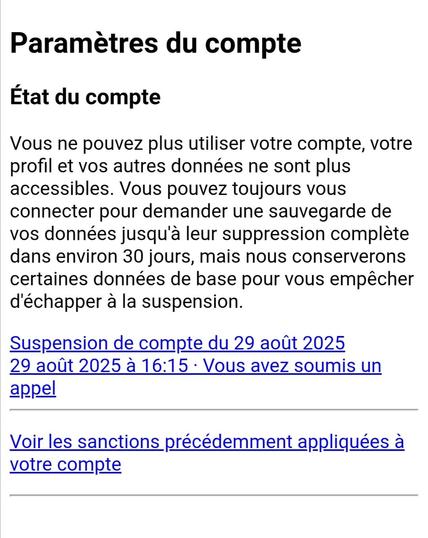 Texte des admins indiquant que le compte est suspendu