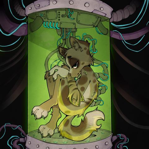 A picture of Mazie, an anthropomorphic dog, in a green lit cylinder like a container tank.
Cables sprout from the top and bottom of the tank. She is plugged into some that come from the tank top.