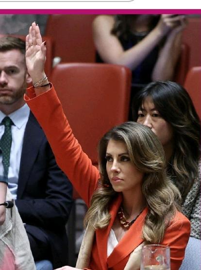 La représentante des usa au conseil de sécurité de l'ONU levant son bras comme un salut nazi pour voter contre les résolutions en faveur de la Palestine.