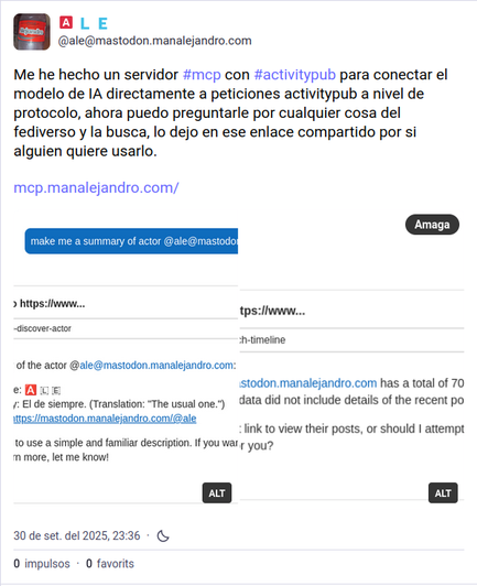 The instance mastodon.manalejandro.com, specifically the user ale@mastodon.manalejandro.com, is performing scraping of the Fediverse via ActivityPub.
They are using it to feed their AI and track content across the Fediverse without consent.