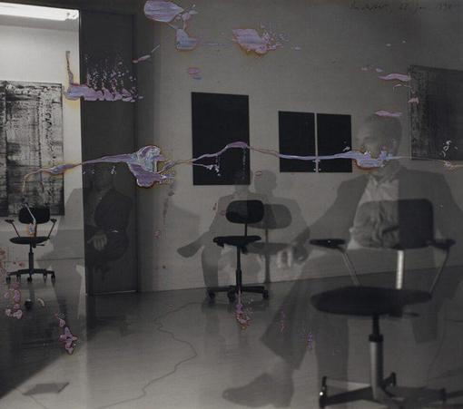 A painting of a superimposed image of a man sitting in the same pose on three different chairs across the room. In the foreground, there are painted signs that mimic damage to an analog photo.