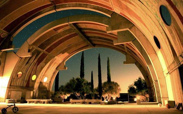 A public space that is made of concrete arches and trees growing beneath them