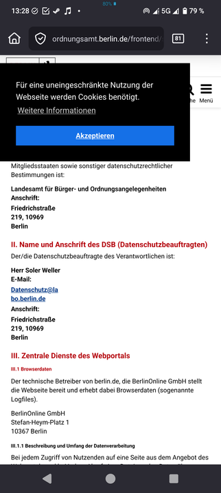 Screenshot der Webseite vom Ordnungsamt Berlin, hier die Datenschutzhinweise, mit Hinweis, dass dafür die Cookies akzeptiert werden müssen.