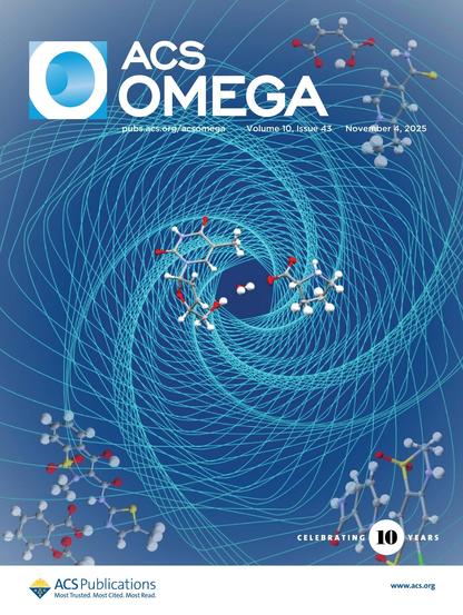 ACS - OMEGA cover with spiral lines and various molecules. It also includes the volume 10, issue 45 information and the 10 years celebration text of the issue.