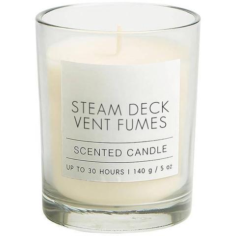 A scented candle labeled "Steam Deck Vent Fumes".  Obviously a photoshop.  It also reads "Up to 30 hours," which is more Steam Deck vent fumes than a rational person would really need.