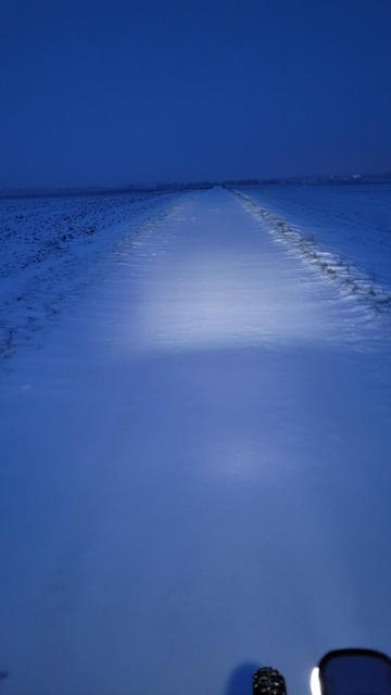 Ein Feldweg mit glatter, unberührter Schneedecke auf einem weiten Acker wird von der Fahrrad-Lampe beleuchtet.
Das morgendliche Licht ist bläulich.