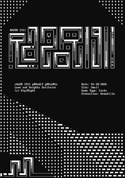 Screenshot of an nfo-file with block ASCII graphics. A Razor 1911 logotype made in square kufic style, with shades instead of full blocks.