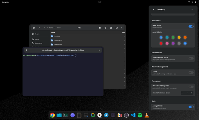 A video showing Singularity Desktopr eacting to accent color changes and showing its right settings panel allowing you to configure applications settings (the singularity terminal in this case)
