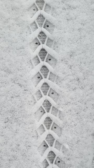 Nahaufnahme von Fahrradspur im Schnee.  Die Spikes und Lamellen der Reifen sind zu erkennen.
