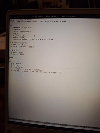 Picture of my screen showing an emacs window with tidal code inside
