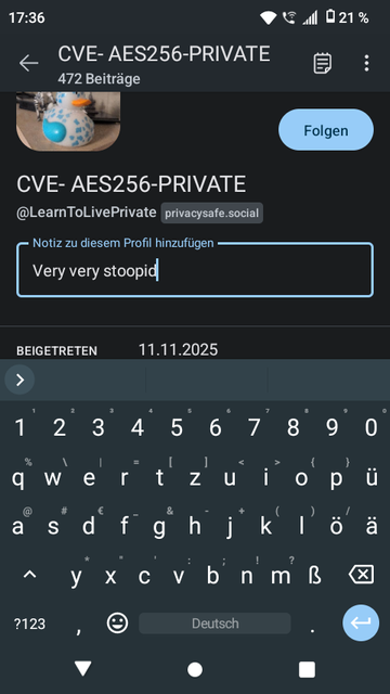 Screenshot of my  Mastodon client, showing the note "very very stoopid" before I block this dingus