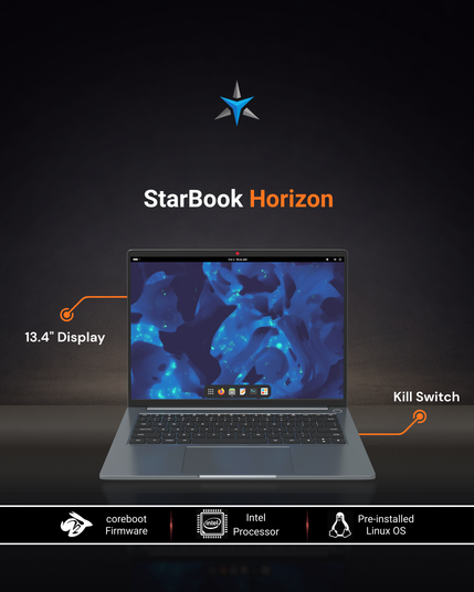 StarBook Horizon open on a desk, showing its tall, bright display and slim aluminium design, a lightweight Linux laptop built with privacy in mind