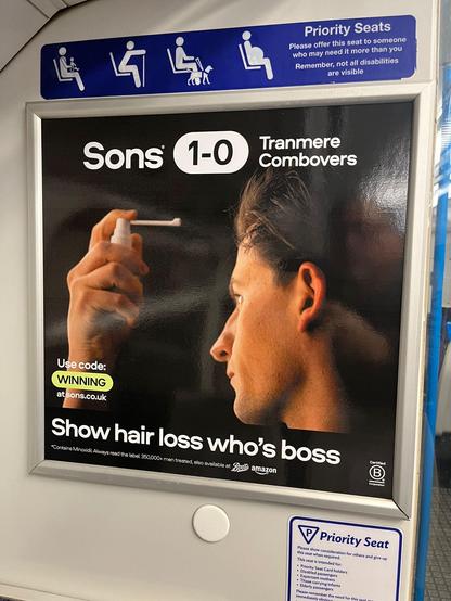 An advertisement showing a man spraying his hair in an attempt to prevent hair loss and promote growth