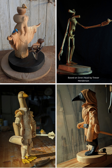 4 pictures of différents woodcarvings

Top left : Woodcarved humanoid octopus wearing a robe, arms wide open, in front of a book standing on branches. On the book, a frog. On the right arm, a kinfisher, and on the top of the head of the octopus, a round duck. The base is burn, on that angle it is not really obvious but is water with a slight wave form arround the octopus. On the background, an old door with old white paint.

Top right : Woodcarved creature (Siren Head) with very long skeletal arms and legs, also too many ribs. Its head is a pole with two speakers and wires. Those speakers have teeth. On the highest speaker, a nest with a pigeon. Siren Head is extending its left arm, point a finger forward. A pigeon sits on its index. Caption says "Based on Siren Head by Trevor Henderson"

Bottom left : Woodcarved humanoid goose wearing plate armour. She's holding a shield and a flanged mace. On the handle of the mace, a red robin landed. The eyes of the goose are made of glass. The feet and the beak are painted in burnt yellow, as the breast of the red robin. The upper part of the robin is painted in brown/grey  and its eyes and beak in black.

Bottom right : Woodcarved humanoid crow wearing a hooded cloak, shoulder armor. It has its right hand on a sword. A squirrel is climbing its left arm. On the base, a cat is resting.
