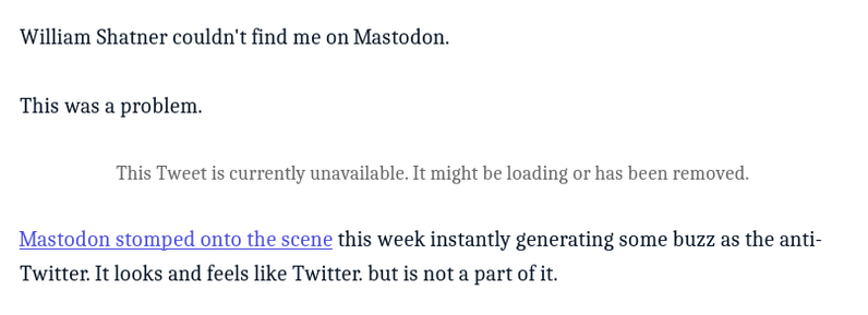 William Shatner could not find the author in this screenshot on Mastodon. As a proof the author cites a tweet - which doesn't load